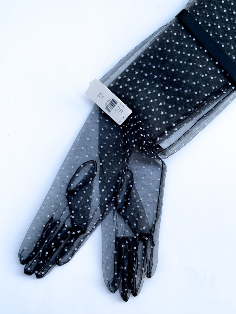 Anthropologie NWT Black Tulle Gloves with White Polka Dots